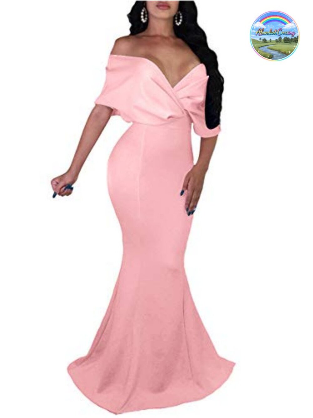 Off Shoulder V Neck Fishtail Maxi Evening Gown Bodycon Ruched Formal Dress
